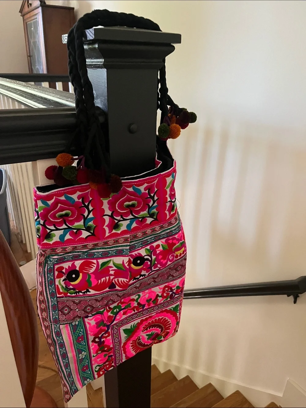 Boho Embroidered Floral Tote Bag in Bright Pink